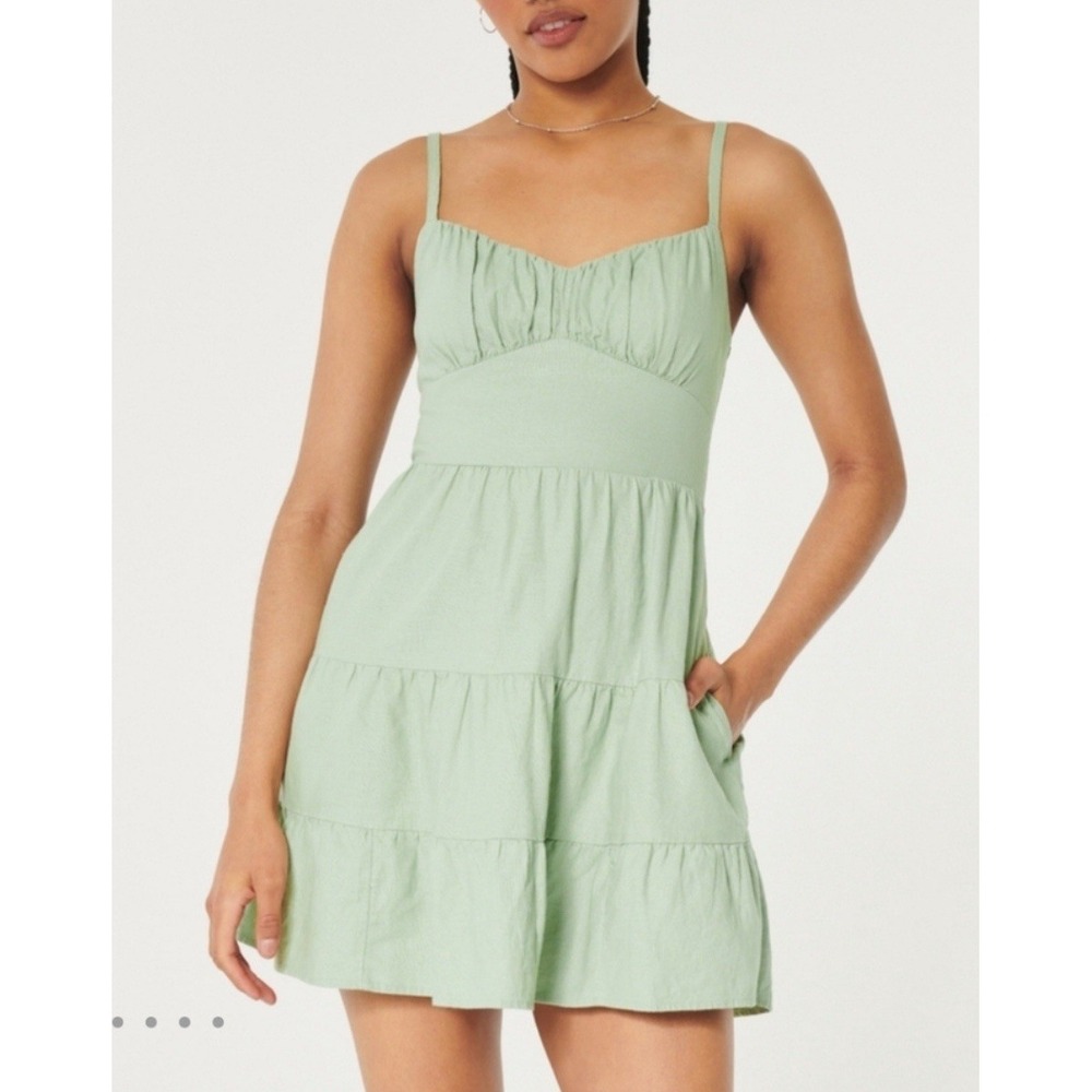 NEW HOLLISTER Open Back Linen-Blend Mini Dress Size XL Sage Green Padded Chest